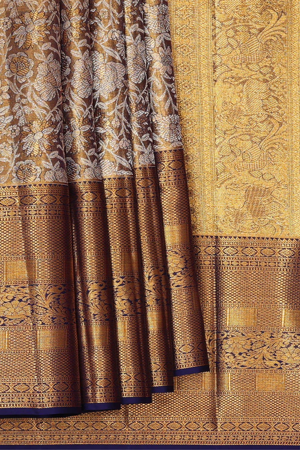 Image of Kanchipattu Golden Blue Tissue Brocade Saree